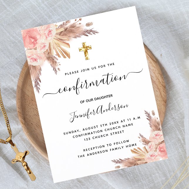 Confirmation pampas grass rose gold blush pink invitation postcard (Creator Uploaded)