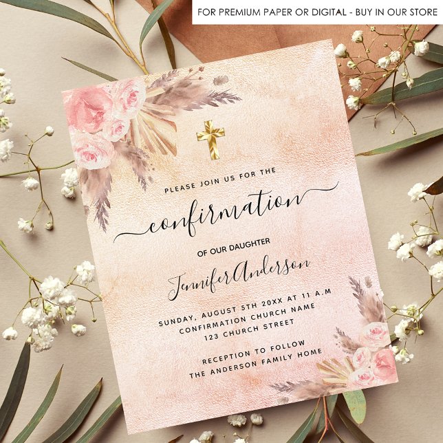 Confirmation pampas rose gold budget invitation flyer (Creator Uploaded)
