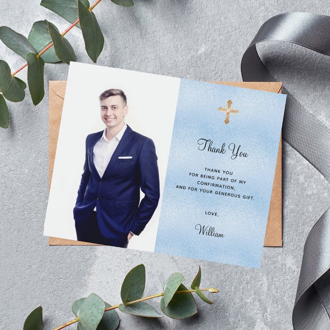 Confirmation photo boy blue budget thank you card (Creator Uploaded)