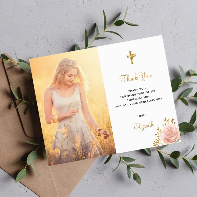 Confirmation photo cross floral thank you card (Creator Uploaded)