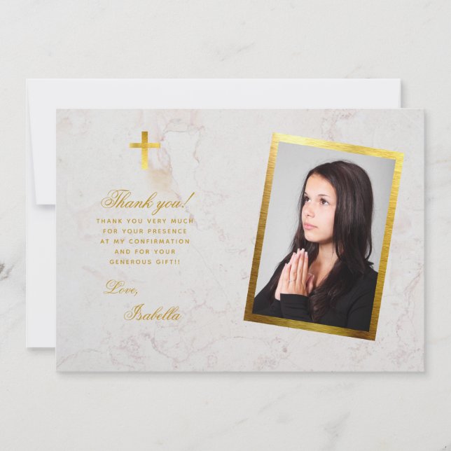 Confirmation Photo Faux Gold Cross White Marble Thank You Card (Front)