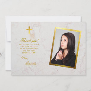 Confirmation Photo Faux Gold Cross White Marble Thank You Card