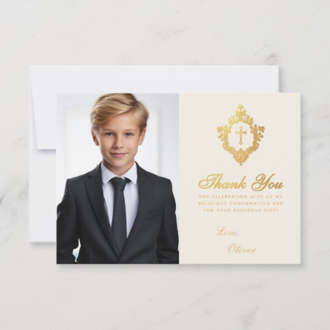 Confirmation Photo Gold Cross Crest Ivory Elegant  Thank You Card (Front)