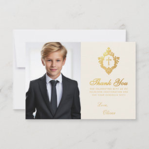 Confirmation Photo Gold Cross Crest Ivory Elegant Thank You Card