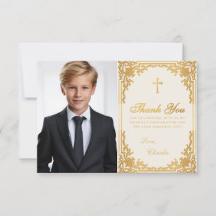 Confirmation Photo Vintage Faux Gold Cross & Ivory Thank You Card
