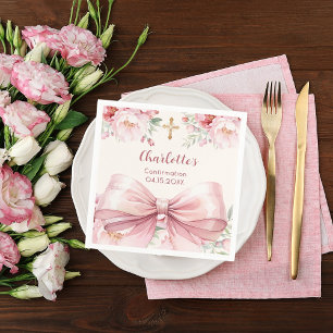 Confirmation pink bow cream florals napkin