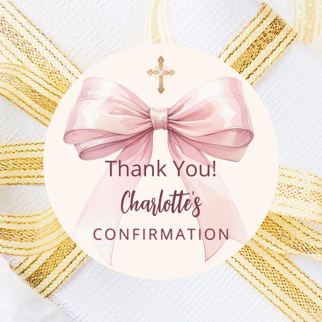 Confirmation pink bow girl ivory cross thank you classic round sticker (Creator Uploaded)