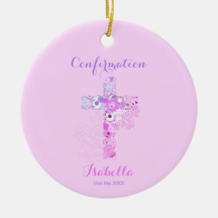 Confirmation pink floral cross  ceramic tree decoration
