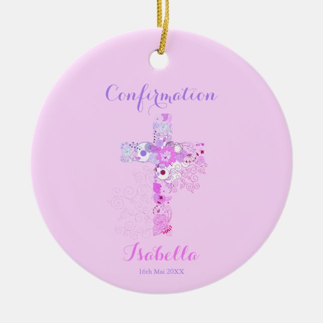 Confirmation pink floral cross  ceramic tree decoration (Front)