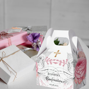Confirmation pink floral silver modern girl favour box