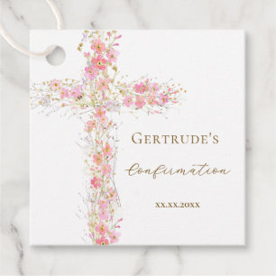 Confirmation pink flowers cross favour tags