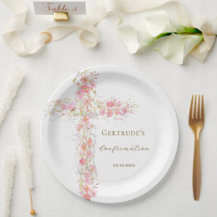 Confirmation pink flowers cross paper plate