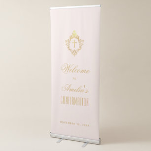 Confirmation Pink Gold Cross Crest Religious Girl Retractable Banner