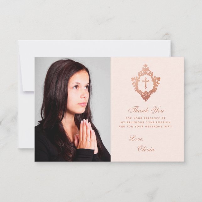 Confirmation Pink Rose Gold Cross Crest Girl Photo Thank You Card (Front)