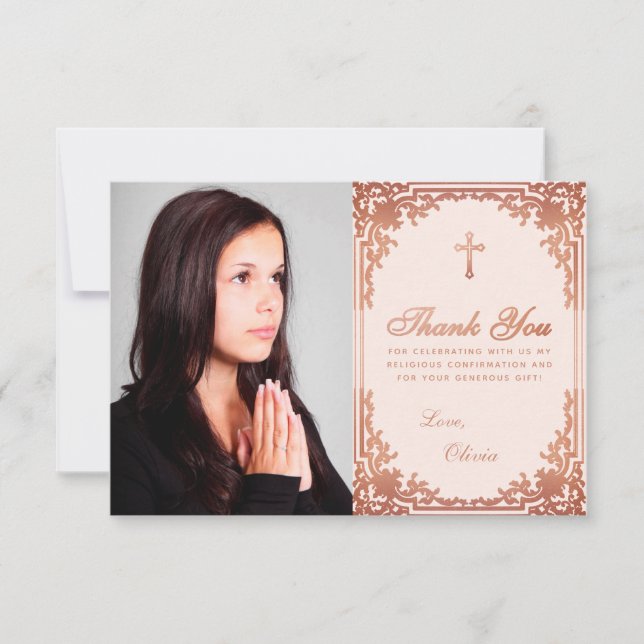 Confirmation Pink Rose Gold Girl Photo Elegant Thank You Card (Front)