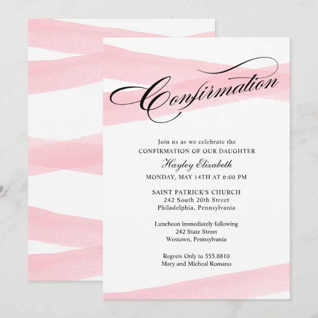 Confirmation, Pink Watercolor Ribbon Invitation (Front/Back)