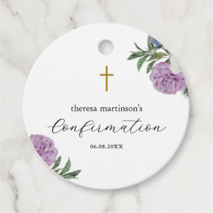Confirmation Pretty Purple Floral with Cross Favour Tags