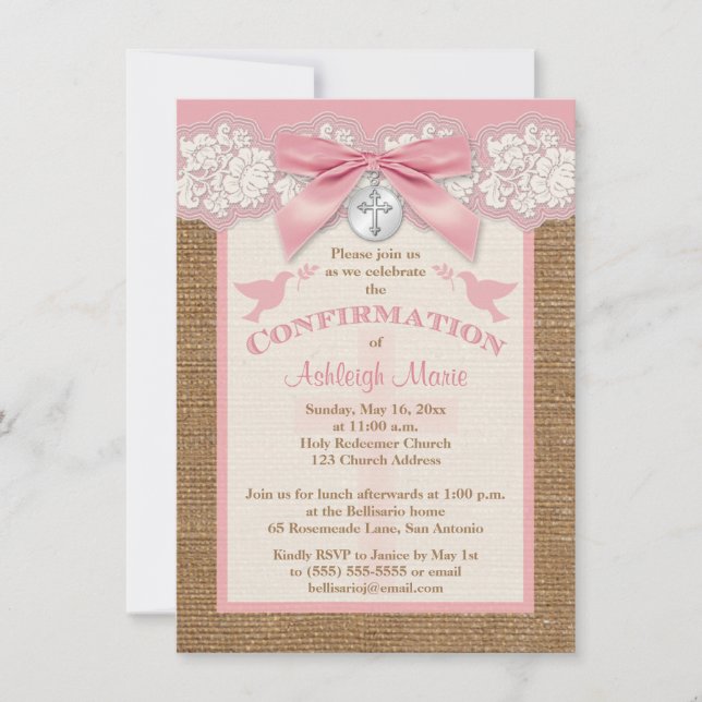 Confirmation | PRINTED BOW & CHARM | Burlap | Lace Invitation (Front)