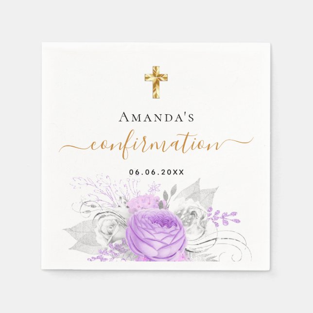 Confirmation purple floral white name girl napkin (Front)