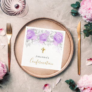 Confirmation purple violet floral white name girl napkin