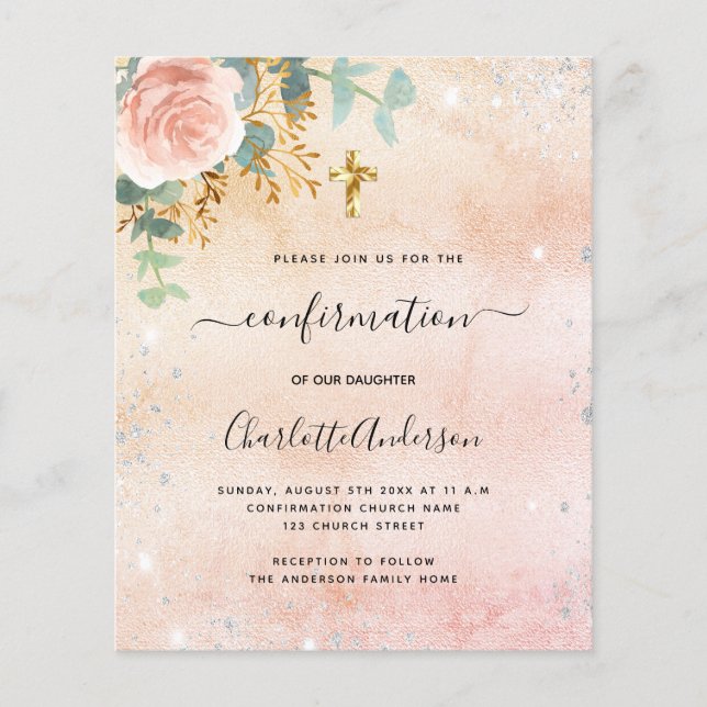 Confirmation rose floral eucalyptus invitation (Front)