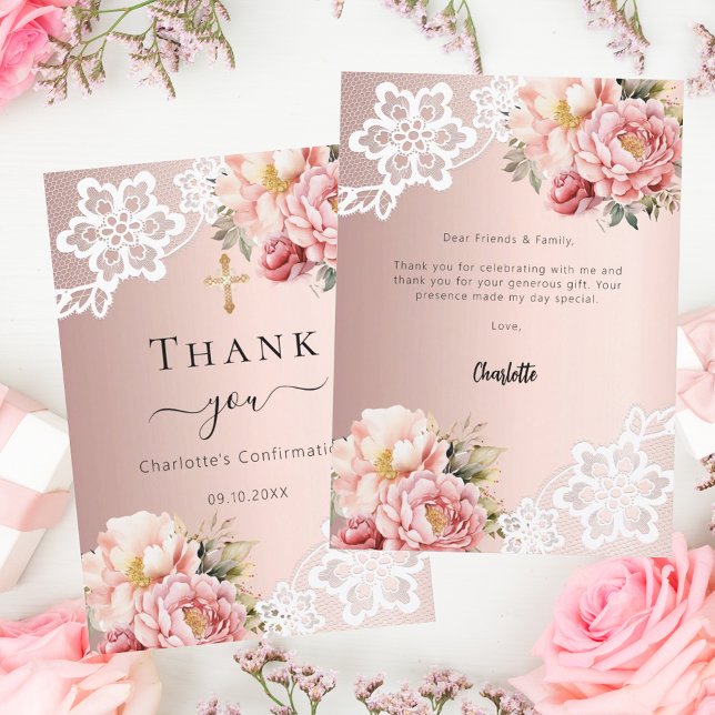 Confirmation rose floral lace thank you card (Creator Uploaded)