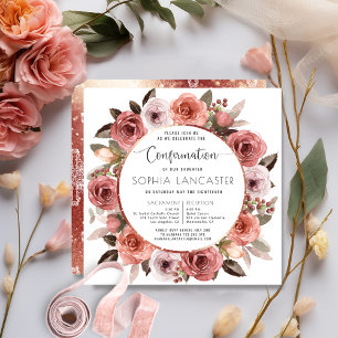 Confirmation, Rose Gold and Blush Floral Invitation