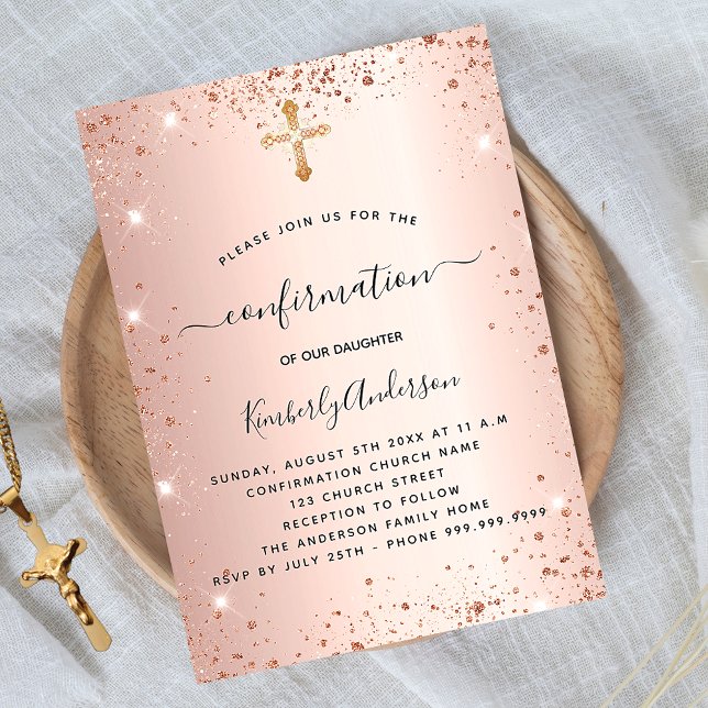 Confirmation rose gold blush sparkles luxury invitation (Creator Uploaded)