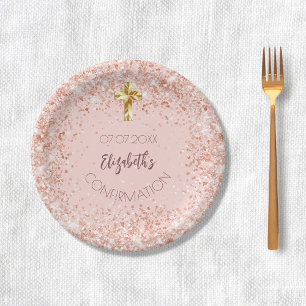 Confirmation rose gold confetti girl name paper plate