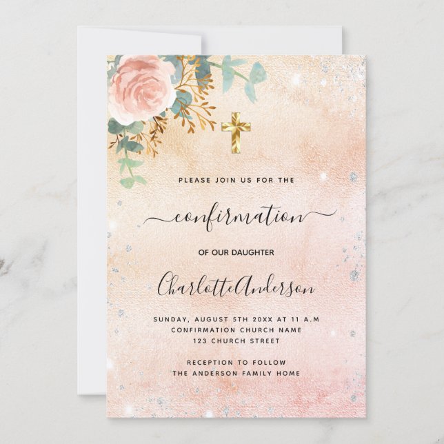 Confirmation rose gold floral eucalyptus  invitation (Front)