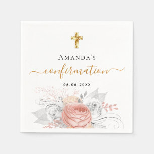 Confirmation rose gold floral white name girl napkin