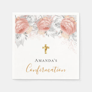 Confirmation rose gold floral white name girl napkin