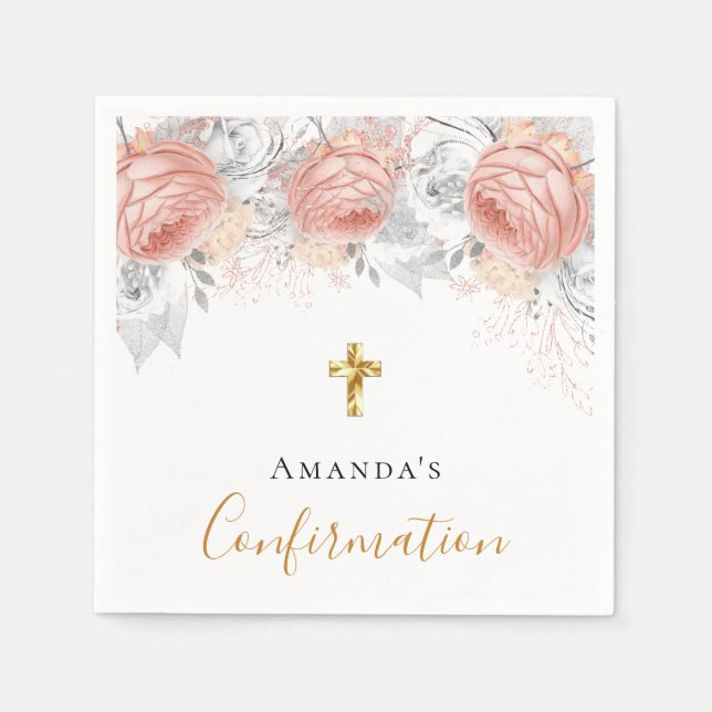 Confirmation rose gold floral white name girl napkin (Front)