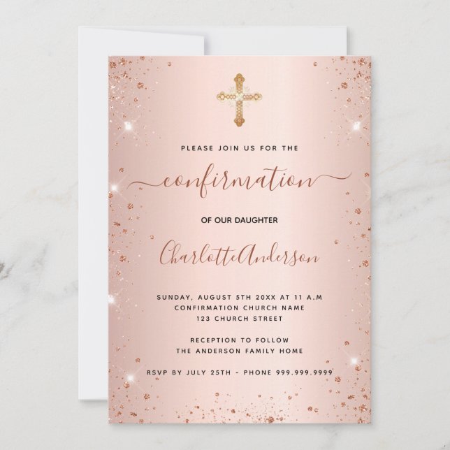 Confirmation rose gold glitter dust girl invitation (Front)