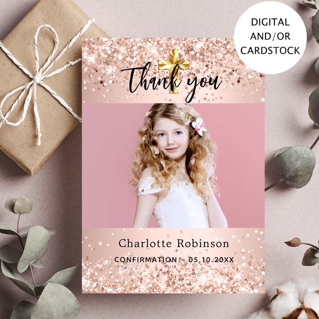 Confirmation rose gold photo girl thank you card (Creator Uploaded)