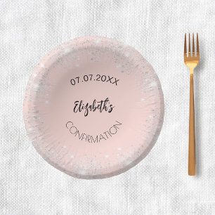 Confirmation rose gold silver sparkles girl name paper plate