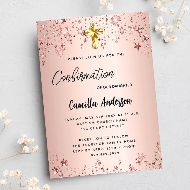 Confirmation rose gold stars girl script invitation postcard (Creator Uploaded)