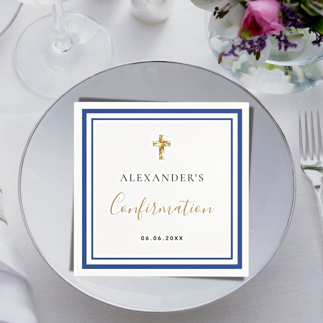 Confirmation royal blue white name boy guy  napkin (Creator Uploaded)