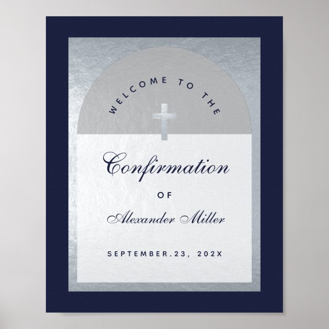Confirmation Silver Arch Navy Blue Welcome Sign (Front)