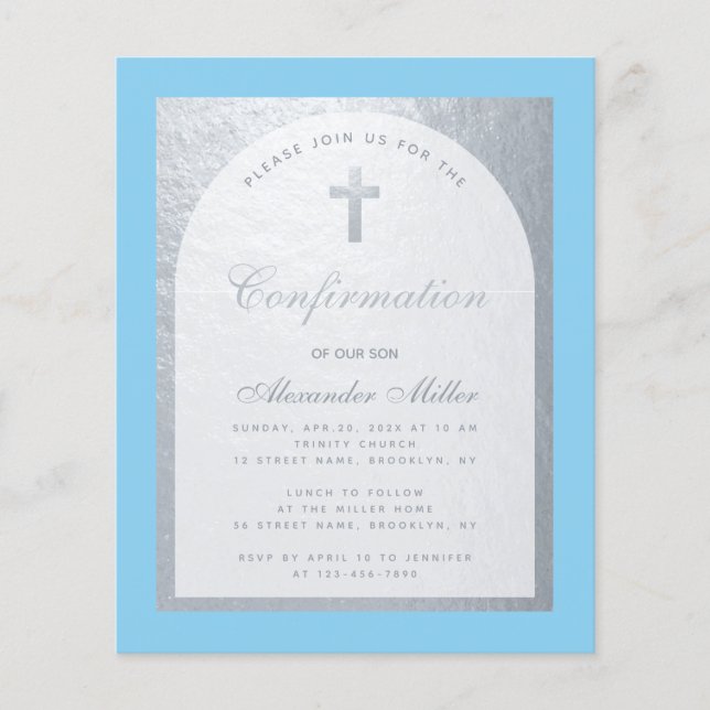 Confirmation Silver Blue Grey Budget Invitation (Front)