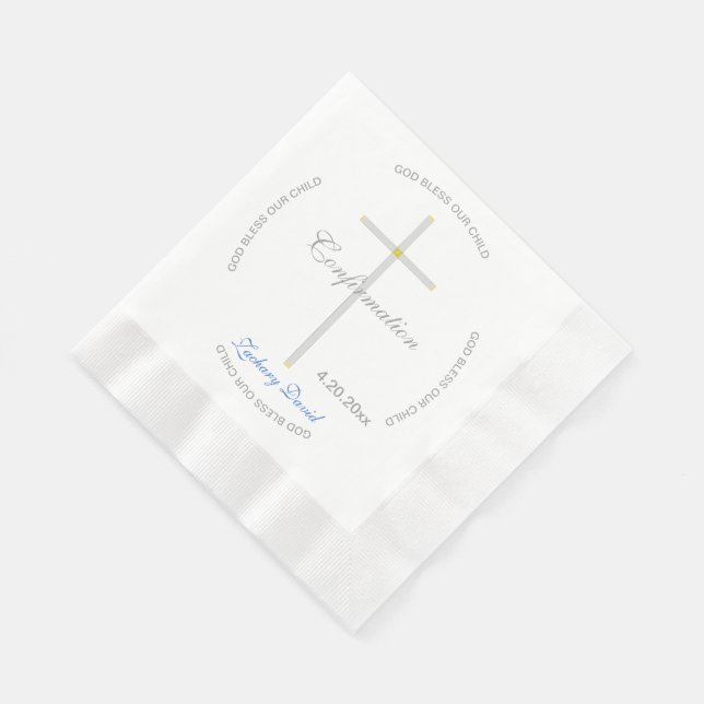 Confirmation Silver Cross Boy Blue Name Napkin (Corner)