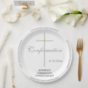 Confirmation Silver Cross Triplet NAMES Paper Plate