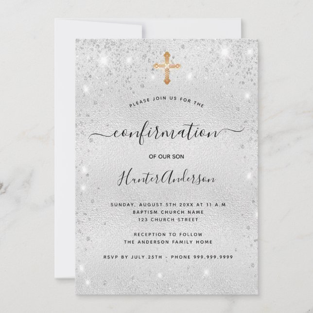 Confirmation silver glitter boy girl modern invitation (Front)