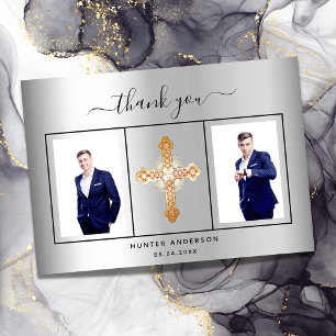 Confirmation silver photo script boy thank you card