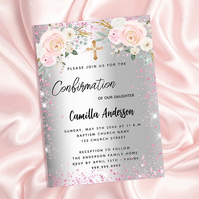 Confirmation silver pink florals girl sparkles invitation (Creator Uploaded)
