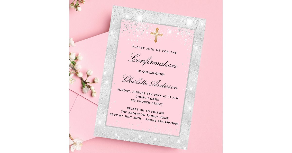 Confirmation silver pink glitter cross script invitation | Zazzle