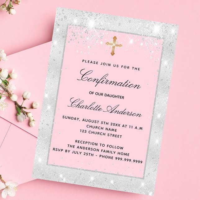 Confirmation silver pink glitter script luxury invitation (Creator Uploaded)