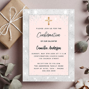 Confirmation silver rose gold blush sparkles invitation