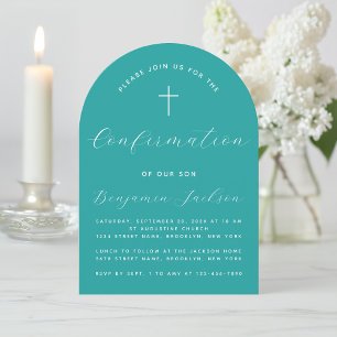 Confirmation Teal Arch Simple Modern Script Cross Invitation