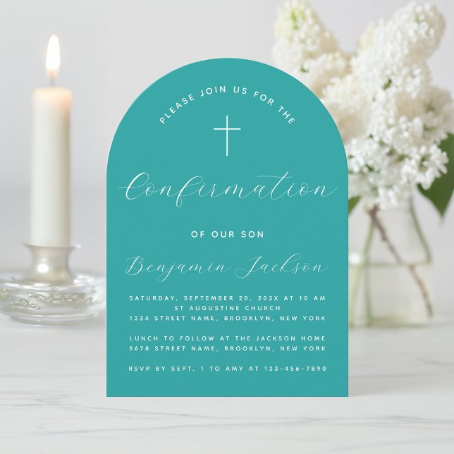 Confirmation Teal Arch Simple Modern Script Cross Invitation (Creator Uploaded)